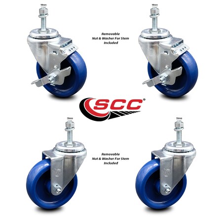 Service Caster 4 Inch Solid Polyurethane Wheel Swivel 10mm Threaded Stem Caster Brake, 2PK SCC-TS20S414-SPUS-M1015-2-TLB-2